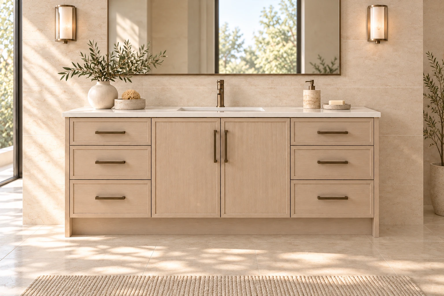Front view of the bleached oak vanity