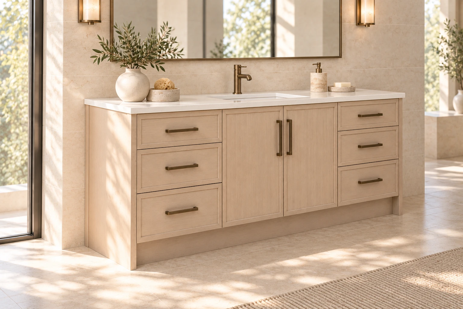 Side perspective of the same bleached oak vanity