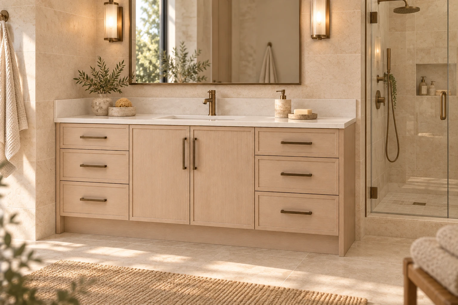 Bleached oak vanity against a left side wall with rear and left quartz splashes, beside a glass shower