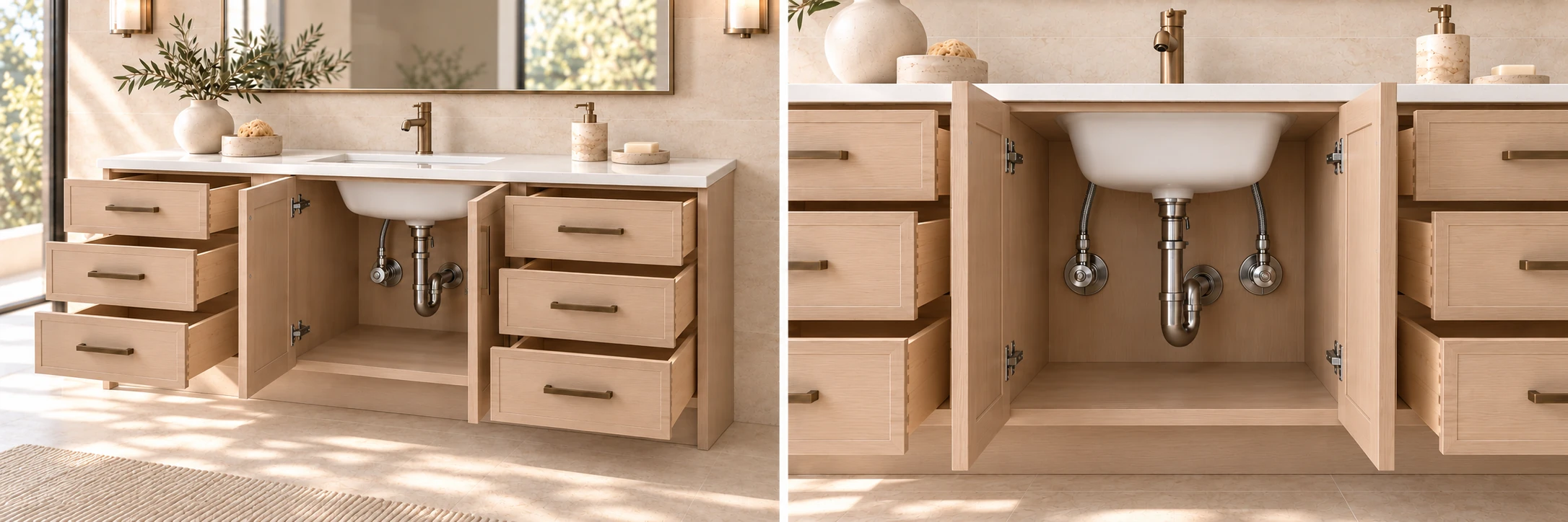 Vanity with all six drawers extended and both centre doors open